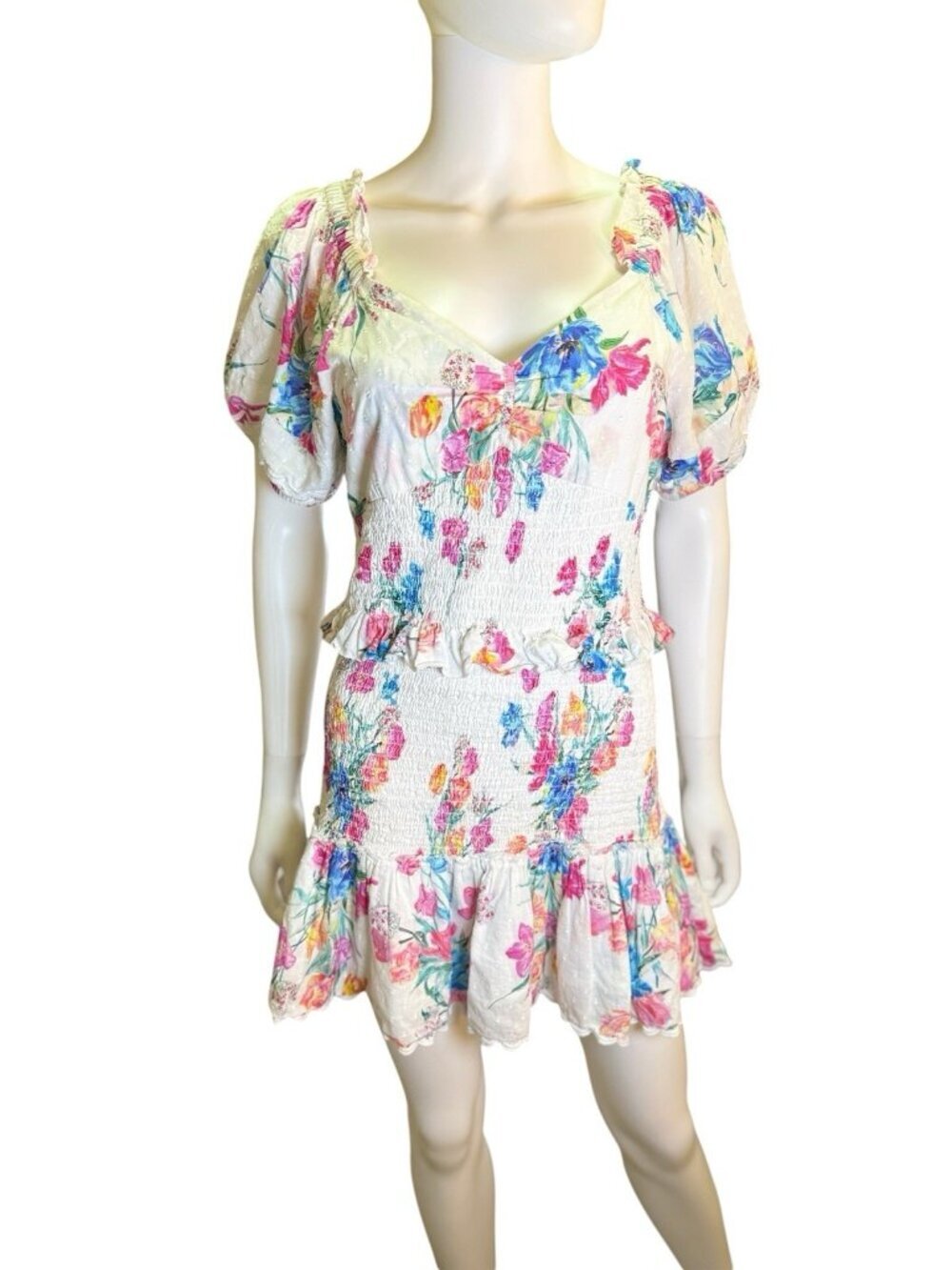 Love Shack Fancy Womens Jarrah Puff Sleeve Mini Dress Floral Summer Size L NWOT